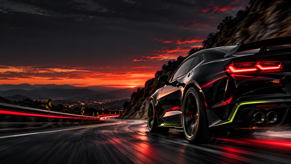 Dark performance car on a mountain road at sunset, TEAM4 MOTORSPORTS homepage hero